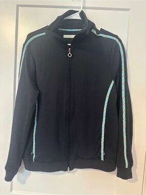 Greg Norman Collection Black Zip-Up Sweatshirt with Teal Plaid Trim Size Large